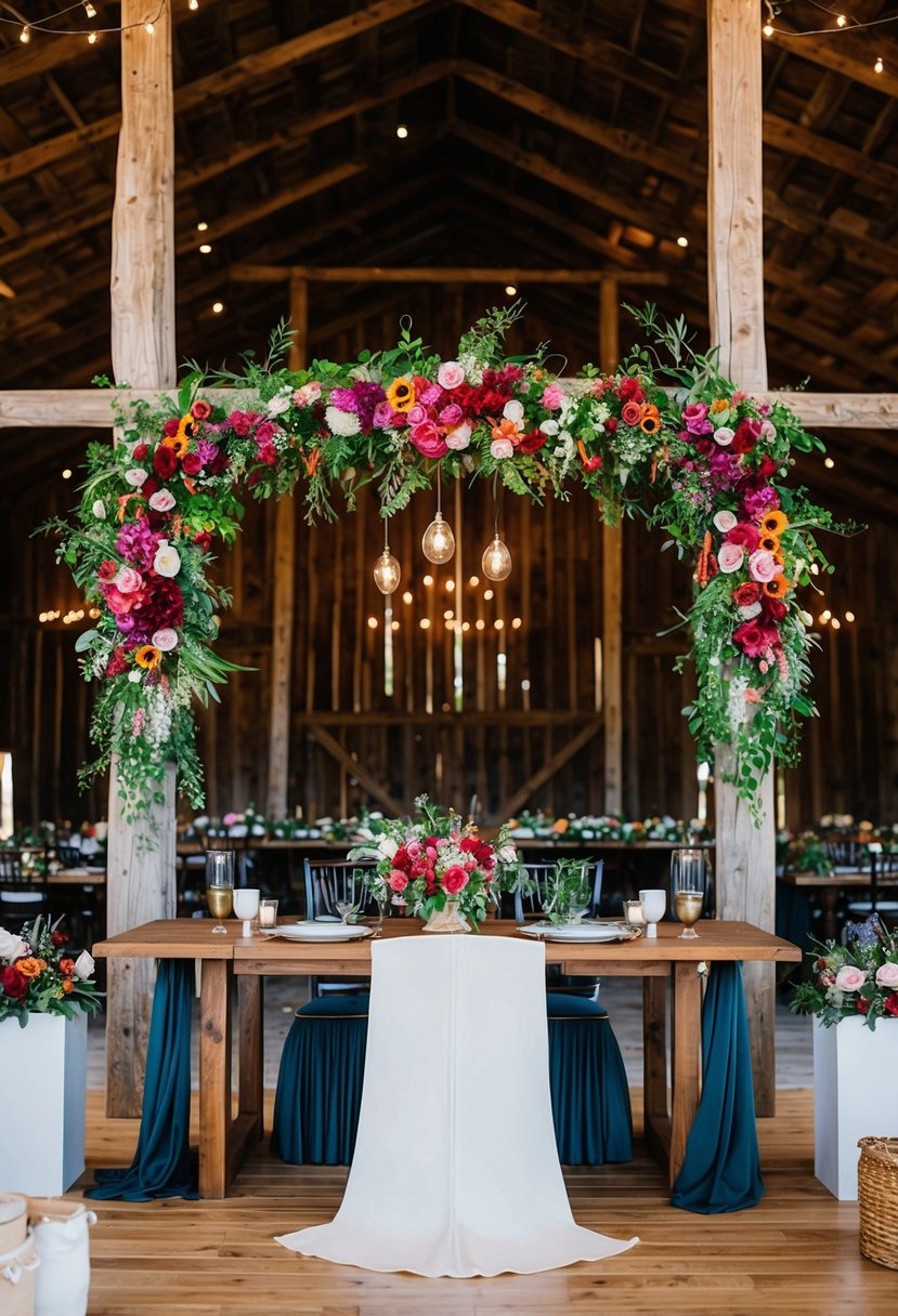 A rustic barn adorned with vibrant floral installations for a wedding