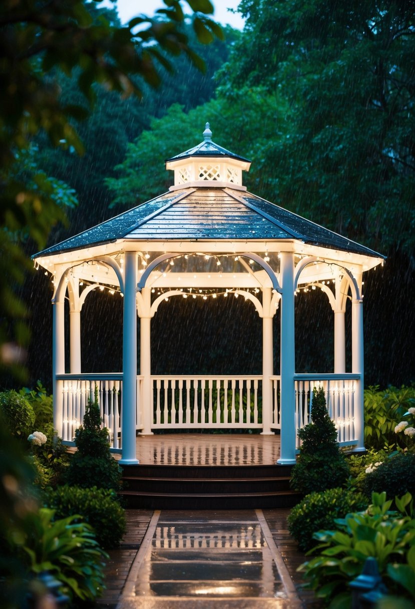 A gazebo adorned with twinkling lights, surrounded by lush greenery, as raindrops gently fall, creating a romantic and intimate atmosphere for a wedding