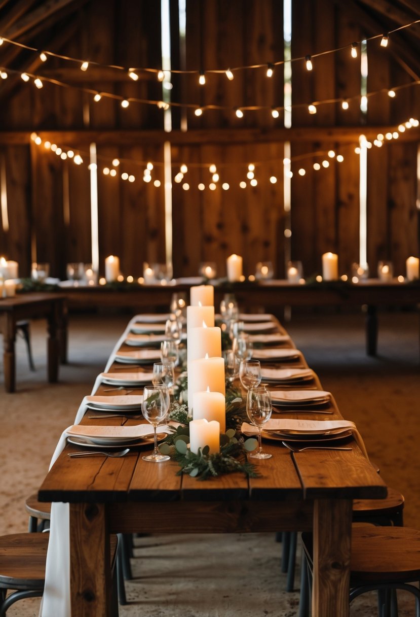 A rustic barn setting with simple candle centerpieces on wooden tables, creating a warm and intimate atmosphere for a wedding celebration