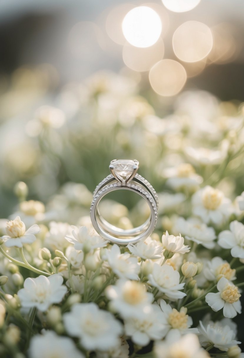 A pair of elegant wedding rings placed on a bed of delicate white flowers, bathed in soft natural light