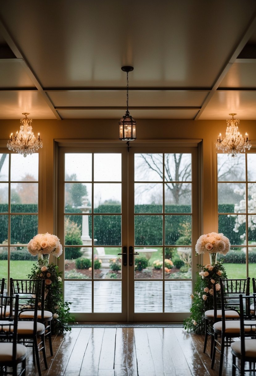 A cozy indoor wedding venue with elegant decor and soft lighting, featuring large windows overlooking a rainy garden