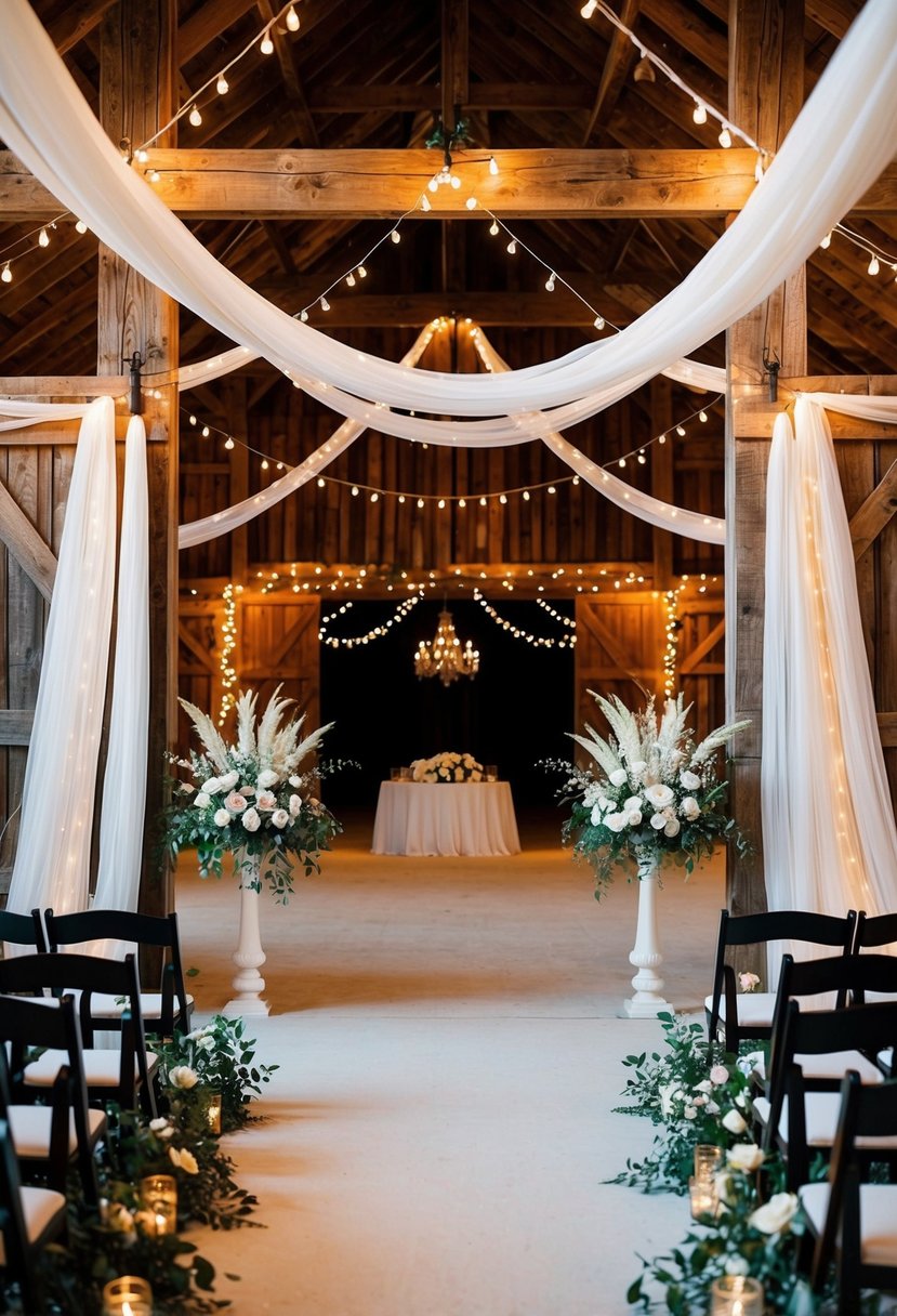 A rustic barn adorned with twinkling lights, draped fabric, and floral arrangements, leading to a grand entrance for a wedding celebration