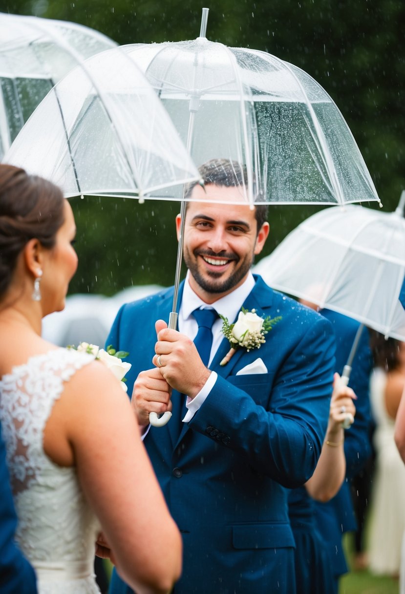 Guests hold clear umbrellas at a wedding in the rain