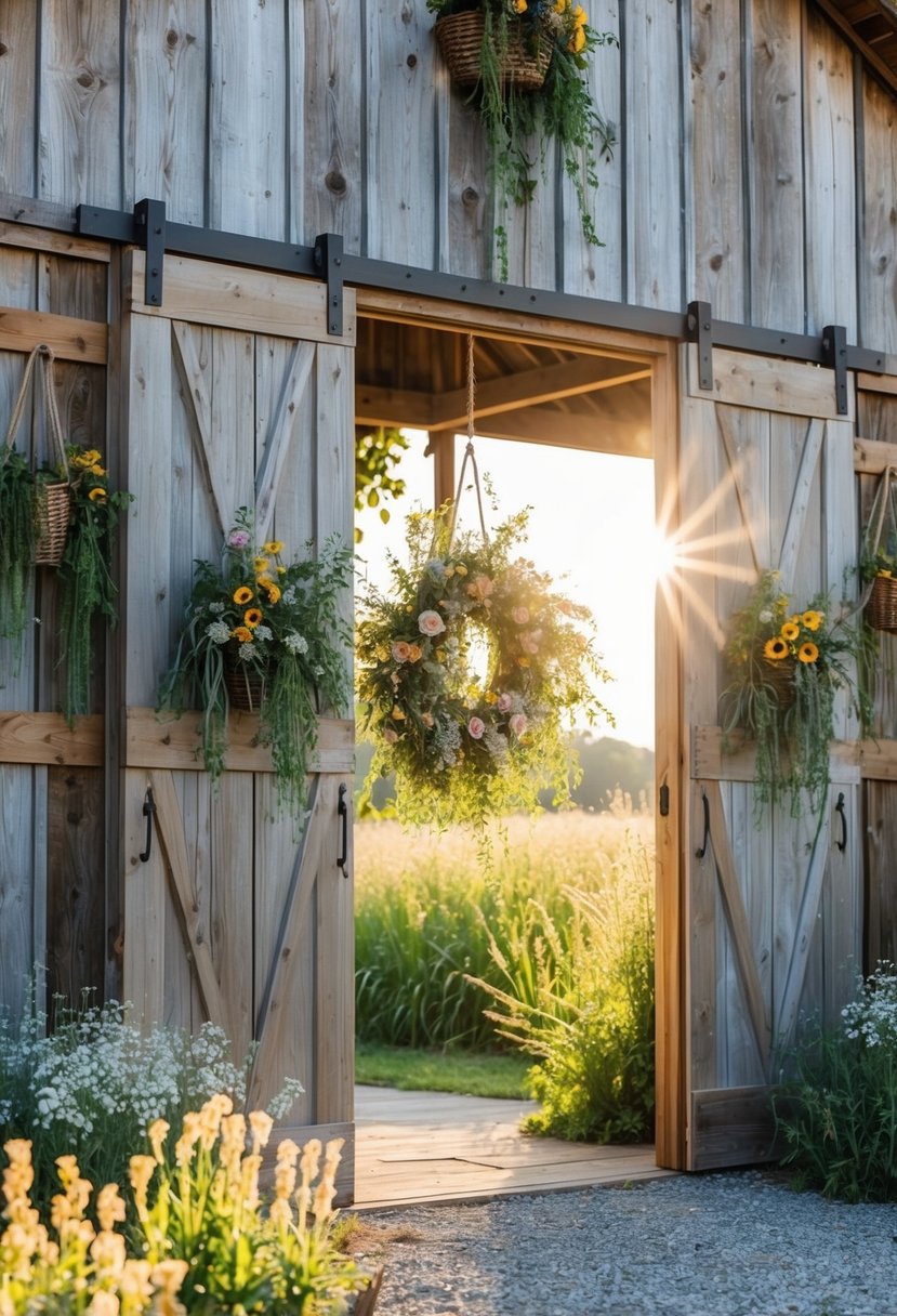 A rustic barn adorned with wildflowers, hanging greenery, and wooden accents. Sunlight filters through the open doors, casting a warm glow on the natural decor