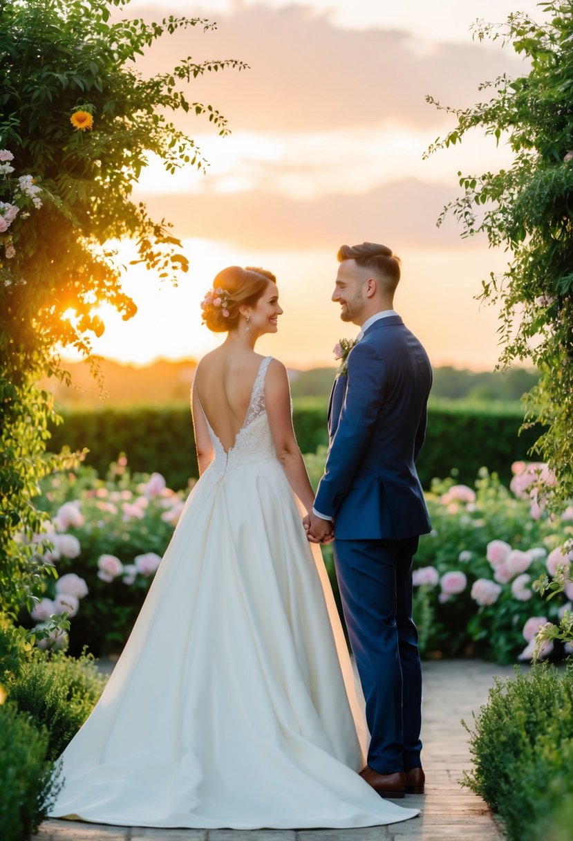 A bride and groom stand facing each other, surrounded by lush greenery and blooming flowers, with the soft glow of the setting sun casting a warm, romantic light over the scene