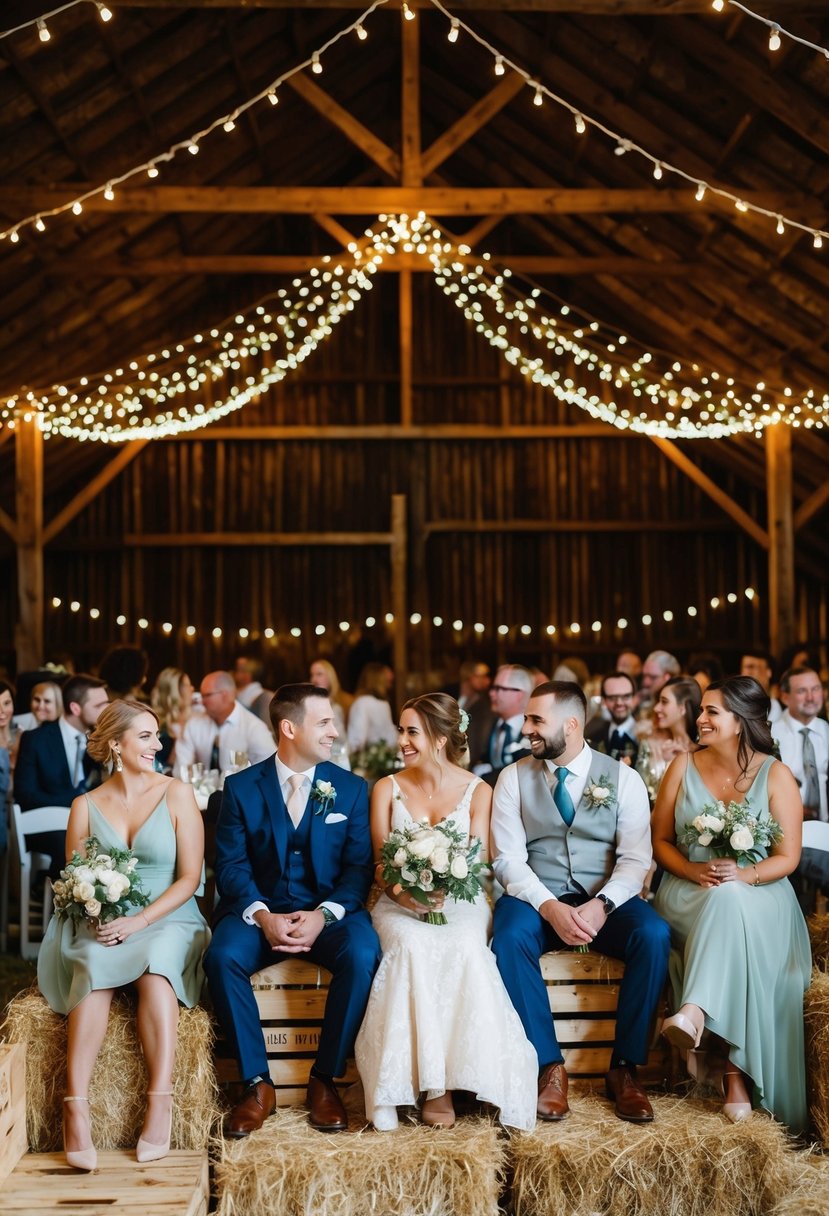 Guests sit on hay bales and wooden crates under a canopy of twinkling lights, surrounded by the rustic charm of a barn wedding