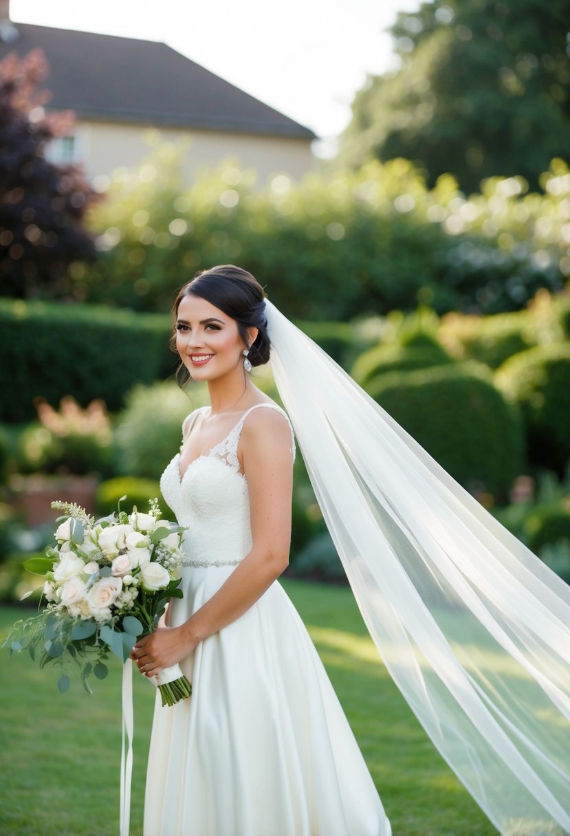 A bride standing under a flowing veil in a garden