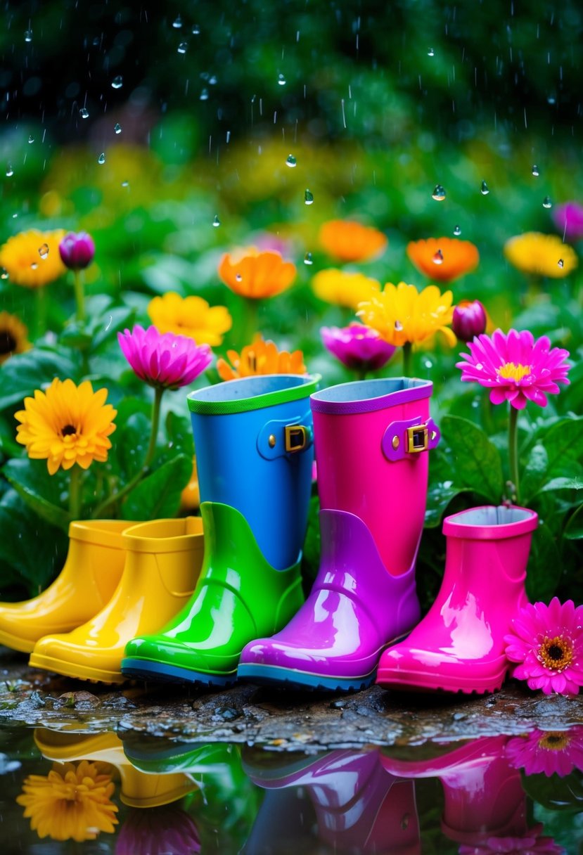 Brightly colored rain boots arranged in a puddle, surrounded by vibrant flowers and falling raindrops