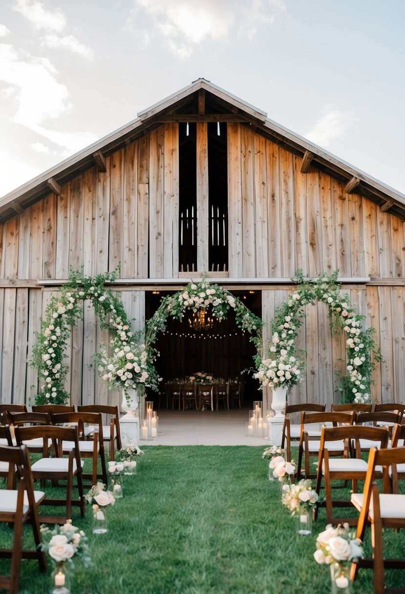 A rustic barn adorned with flower-covered arches, creating a romantic setting for a wedding celebration