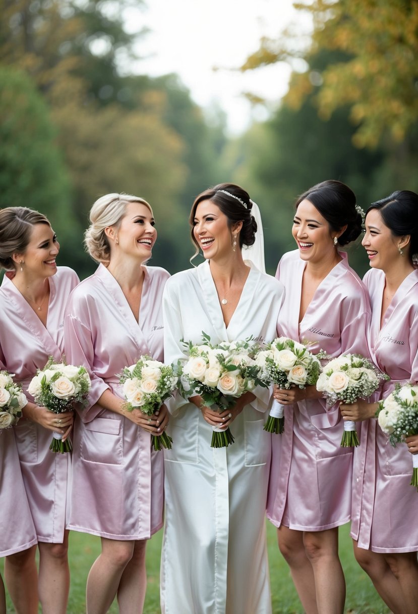 A group of bridesmaids in matching robes pose together, smiling and laughing as they hold bouquets and stand in a row