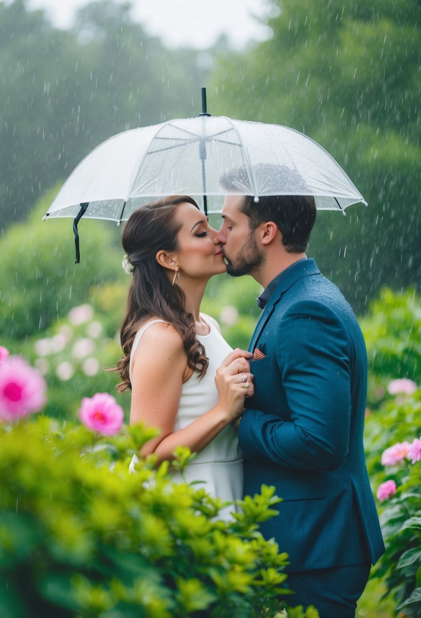 A couple kissing under a misty rain, surrounded by lush greenery and blooming flowers