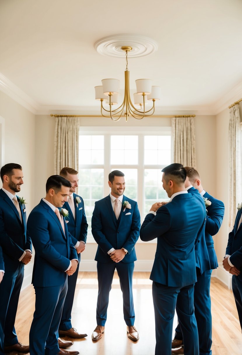 Groomsmen gather, adjusting boutonnieres, in a sunlit room