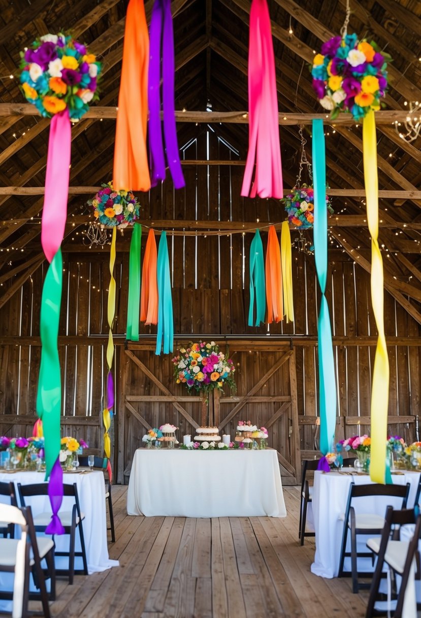 A rustic barn adorned with vibrant rainbow-colored ribbons, streamers, and floral arrangements, creating a festive and whimsical atmosphere for a wedding celebration