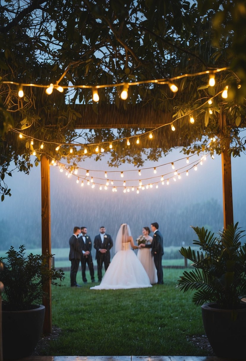 Fairy lights hang above a misty outdoor wedding scene, casting a warm glow on rain-soaked foliage and creating a magical atmosphere