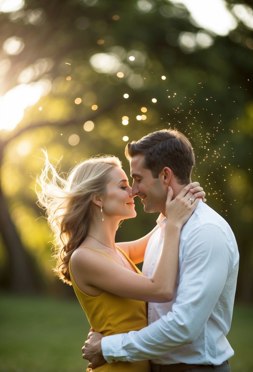 A couple standing in a romantic embrace, surrounded by soft, warm lighting, with a gentle breeze blowing their hair, creating an intimate and magical atmosphere