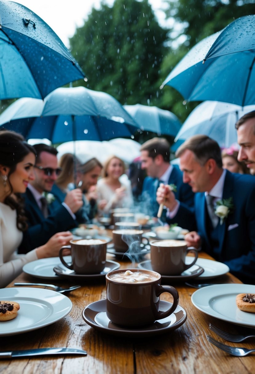 A cozy table with steaming mugs of hot chocolate, surrounded by rain-soaked wedding guests huddled under umbrellas