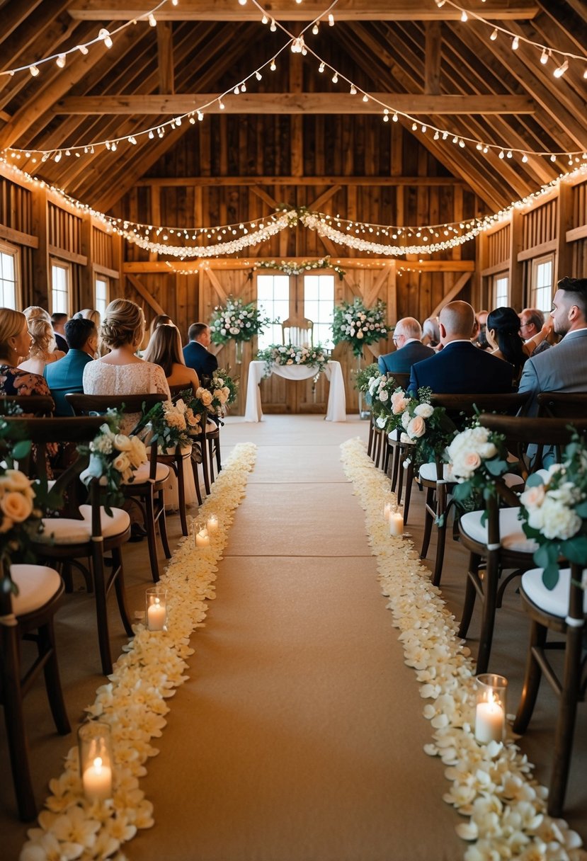 A rustic barn with petal-lined aisles, adorned with twinkling lights and floral arrangements, set for a romantic wedding ceremony