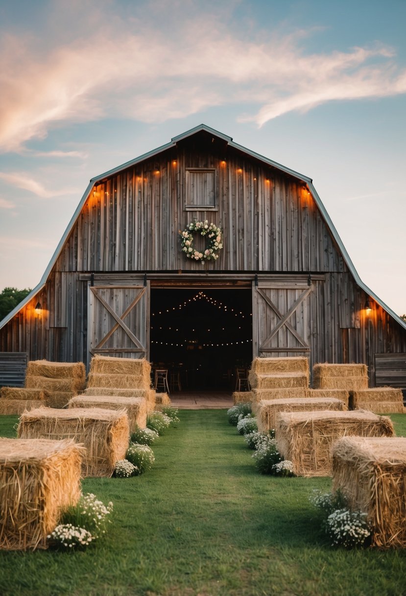 A rustic barn adorned with hay bales, twinkling lights, and wildflowers, creating a charming setting for a wedding celebration