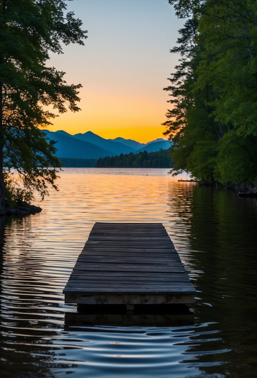 A serene lakeside with a glowing sunset, reflected on the water. A rustic wooden dock stretches out into the calm, rippling surface, framed by lush trees and distant mountains