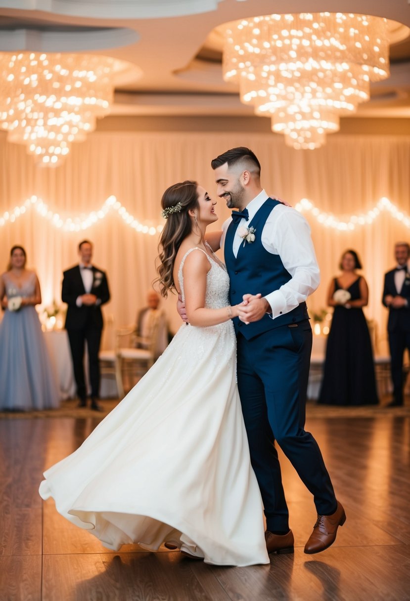 A couple twirls on a dance floor surrounded by soft, romantic lighting and elegant decor