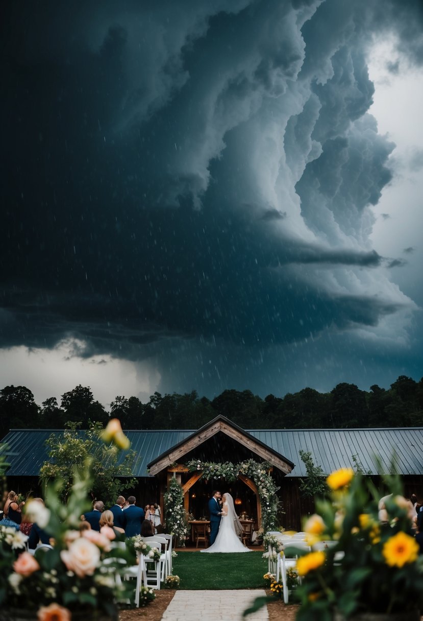 Dark storm clouds loom over a rustic outdoor wedding venue, raindrops glistening on flowers and foliage. A moody, dramatic atmosphere sets the stage for a unique and romantic celebration