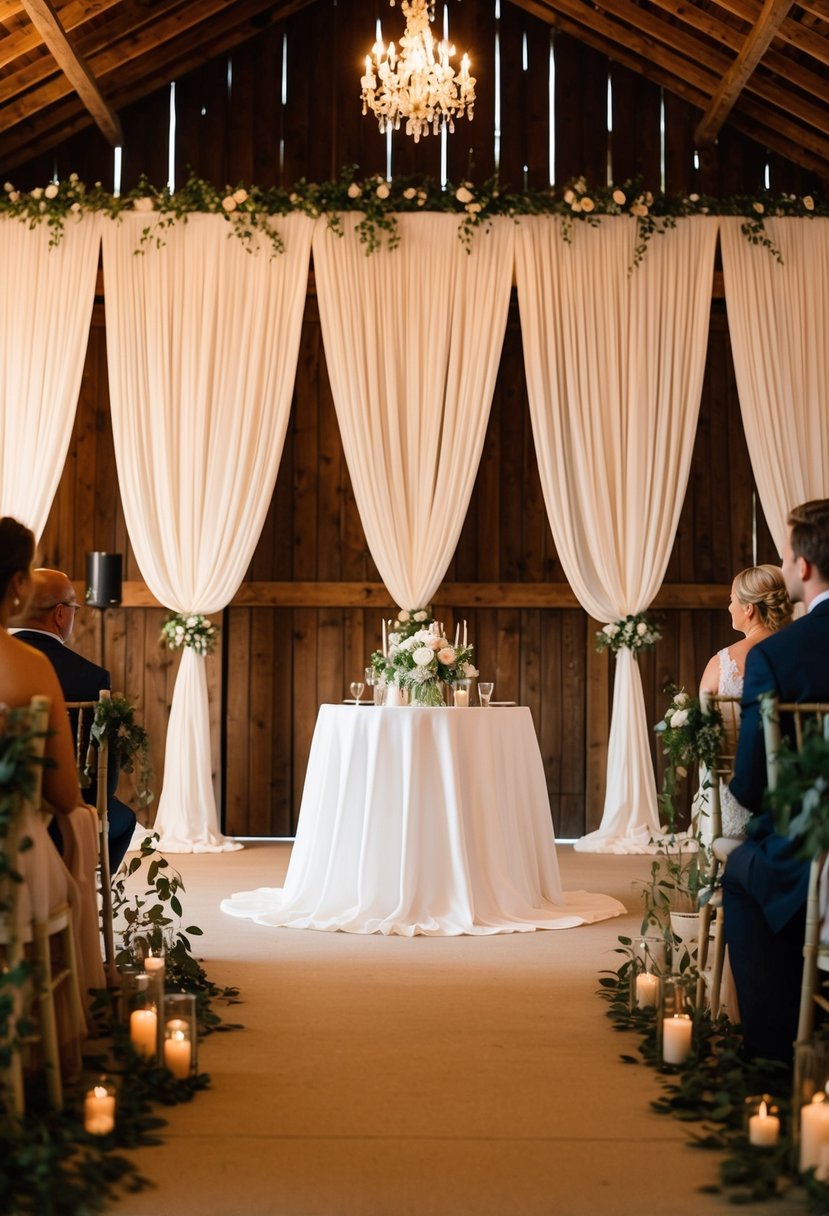 An elegant barn adorned with flowing drapery accents, creating a romantic and rustic atmosphere for a wedding celebration