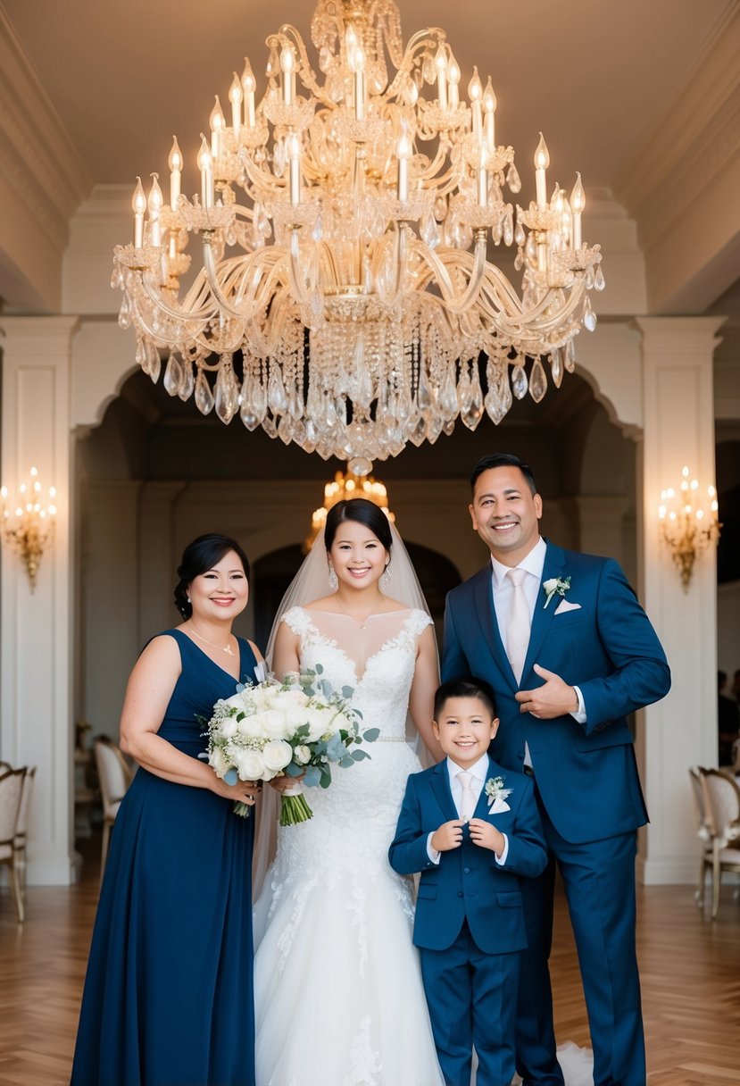 A family of four stands under a grand chandelier, smiling and posing for a wedding photo