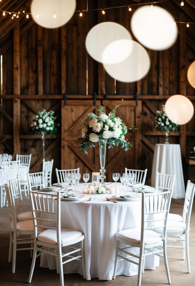 A barn wedding with stark white furnishings, featuring elegant chairs, tables, and decor against a rustic backdrop