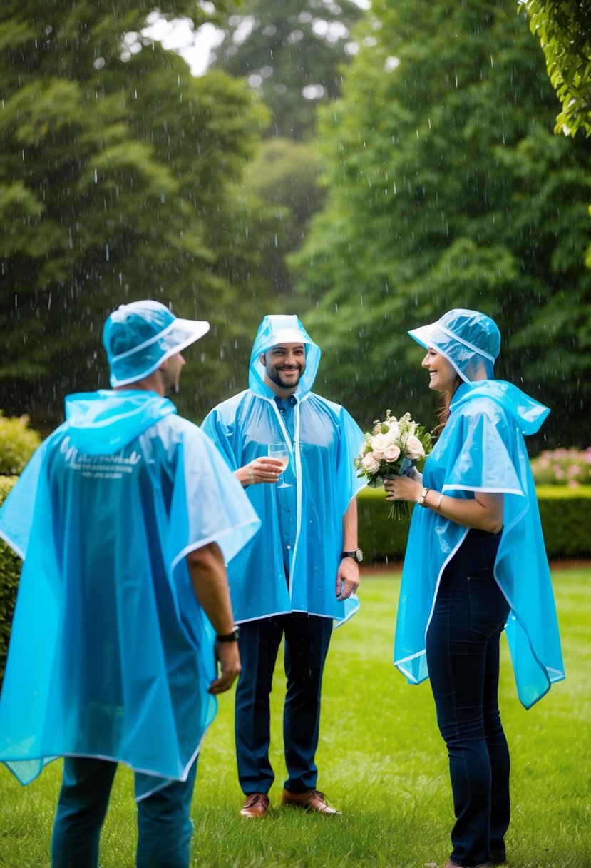 Guests receive custom rain ponchos at an outdoor wedding in a lush garden as rain begins to fall