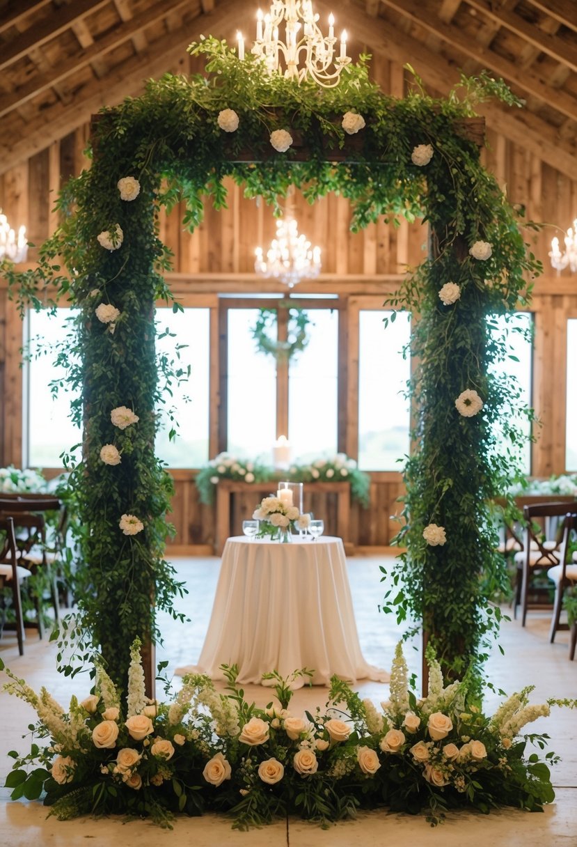 A rustic barn adorned with lush greenery and delicate floral accents, creating a romantic and enchanting atmosphere for a wedding celebration