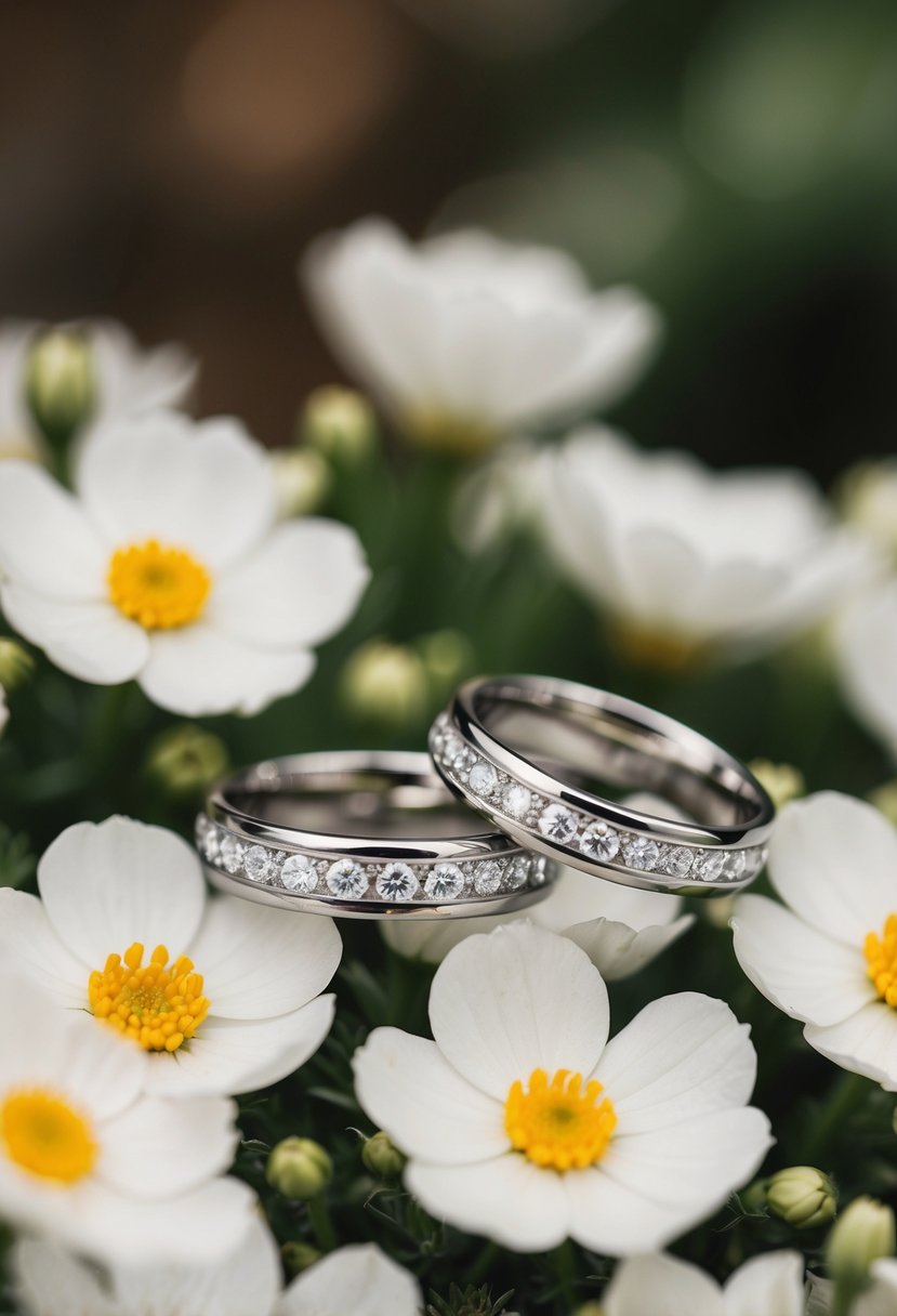 A close-up of two wedding bands resting on a bed of white flowers