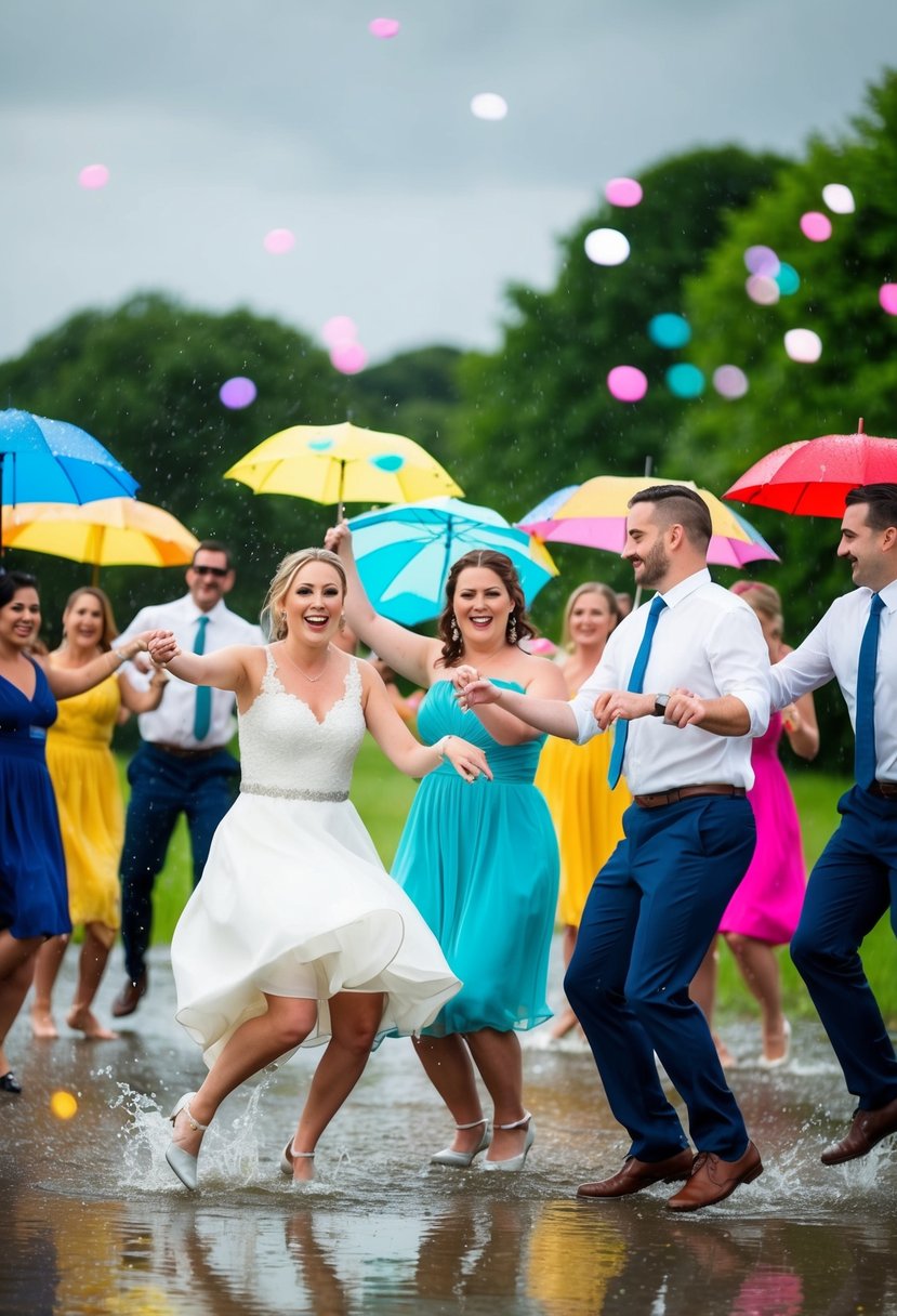 Guests dance joyously in the rain, twirling and splashing in puddles. Colorful umbrellas dot the scene, adding to the festive atmosphere