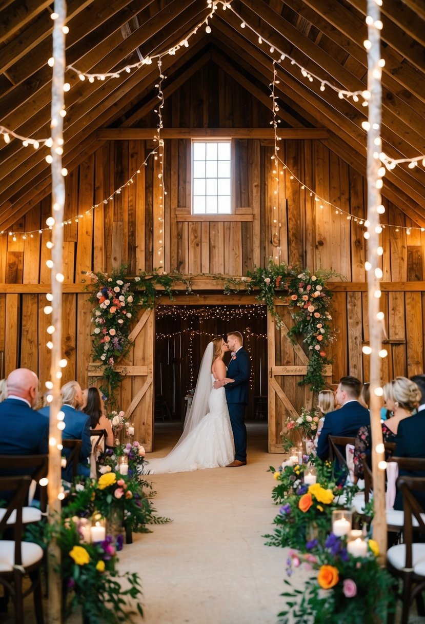 A rustic barn adorned with whimsical wood finishes, draped in fairy lights and colorful florals, set for a romantic wedding celebration