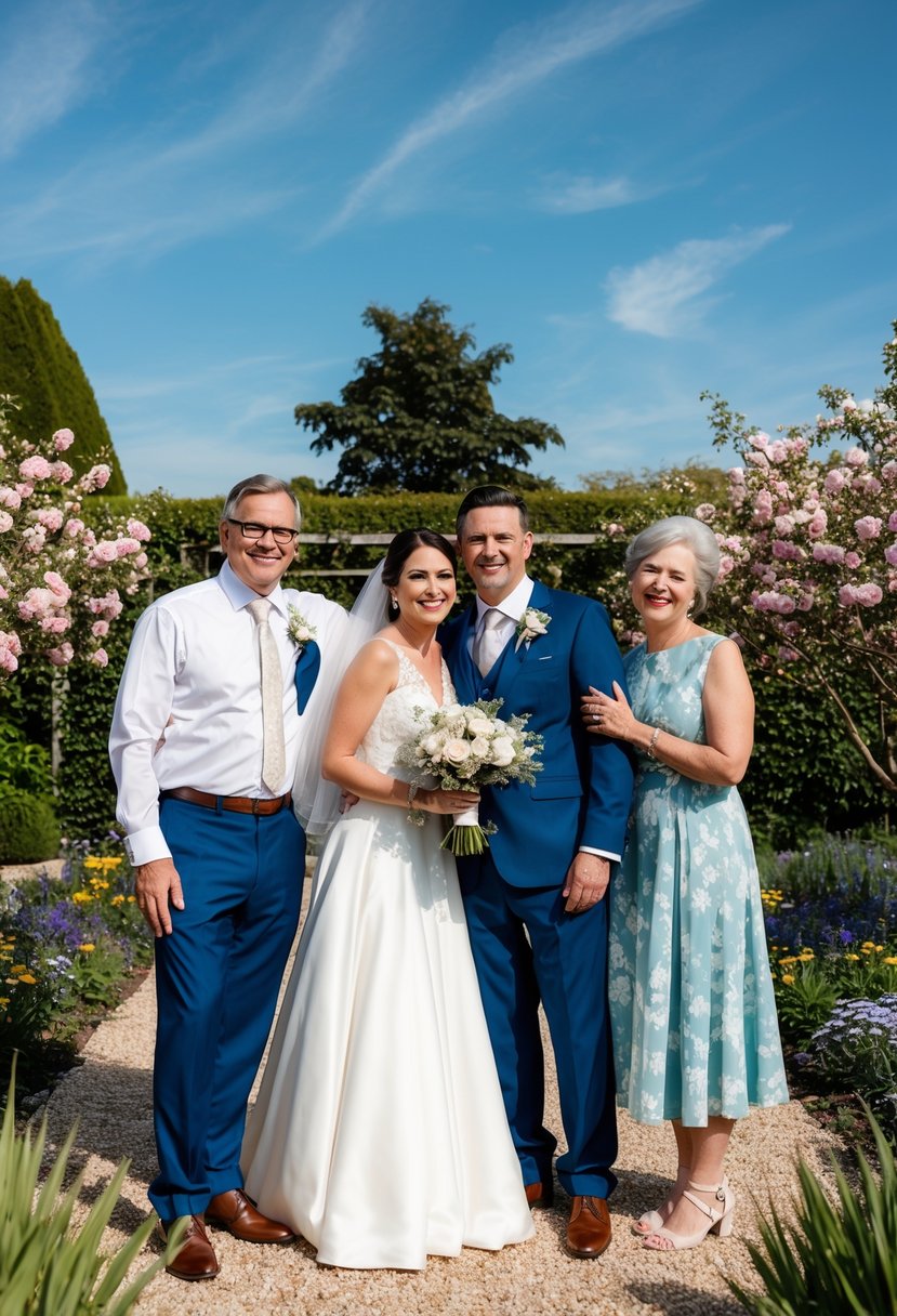 A bride and groom standing between their parents, smiling and embracing in a garden with blooming flowers and a clear blue sky