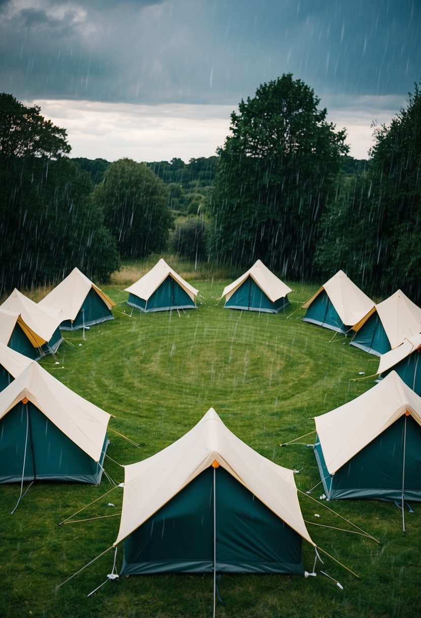 Tents arranged in a circle on grassy ground, surrounded by trees, with rain falling gently from the sky