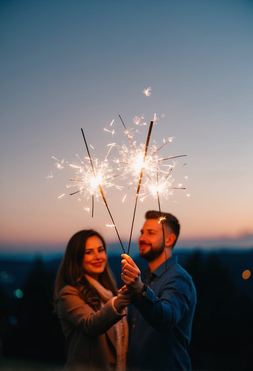 A couple holds sparklers, creating a bright, festive glow against a dark evening sky