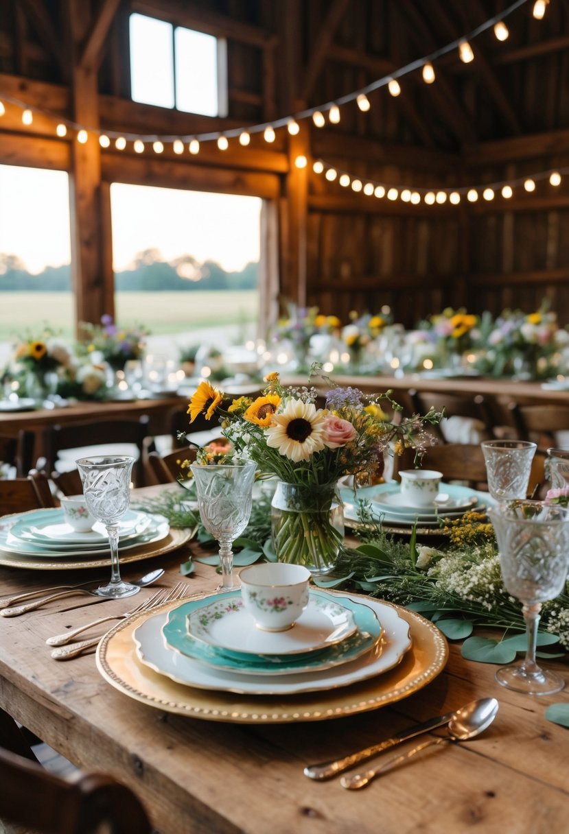 A rustic barn setting with mismatched vintage china, wildflowers, and string lights creating a cozy and whimsical atmosphere for a wedding celebration