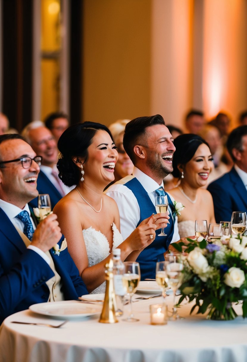 Guests laugh during heartfelt speeches at a wedding reception