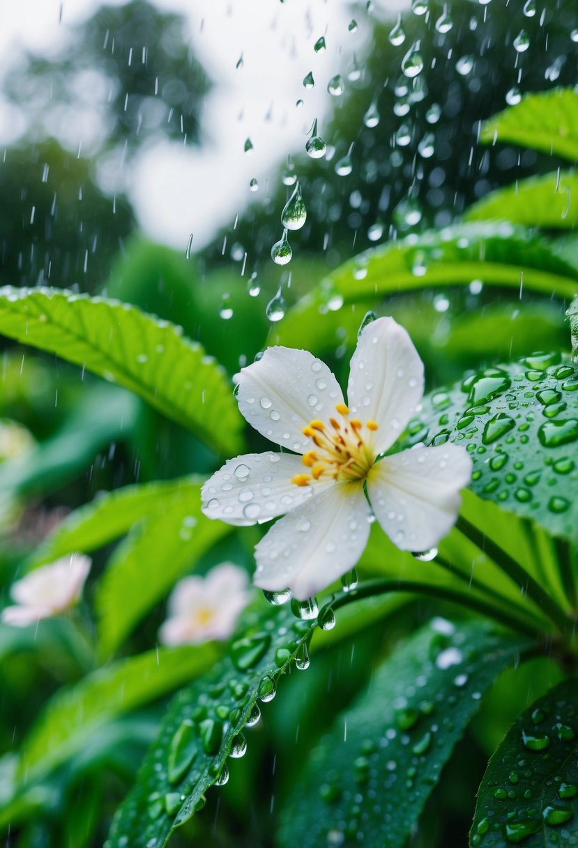 Raindrops cling to flower petals and glisten on leaves in a lush garden during a rainy wedding