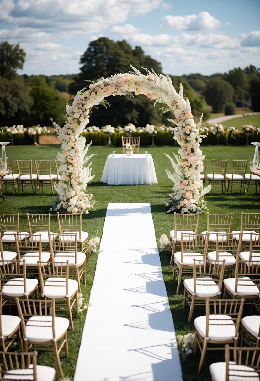 An aerial view of a wedding ceremony with a floral arch, rows of chairs, and a central aisle leading to an altar