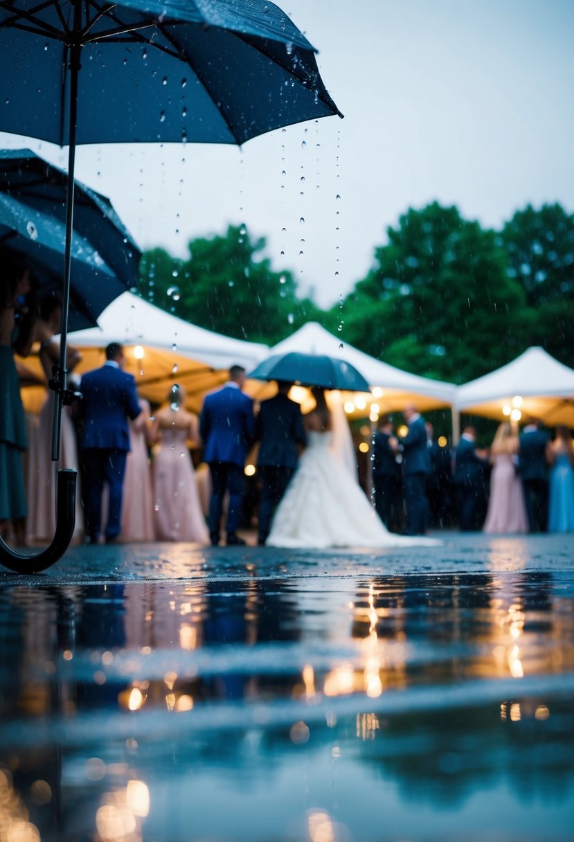 Raindrops tap a melody on umbrellas, creating a soothing soundtrack for a wedding. Reflections shimmer on wet pavement as guests huddle under tents, adding a unique ambiance to the celebration