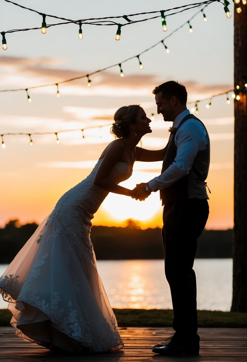 A couple's silhouette against a sunset, dancing under a canopy of twinkling fairy lights