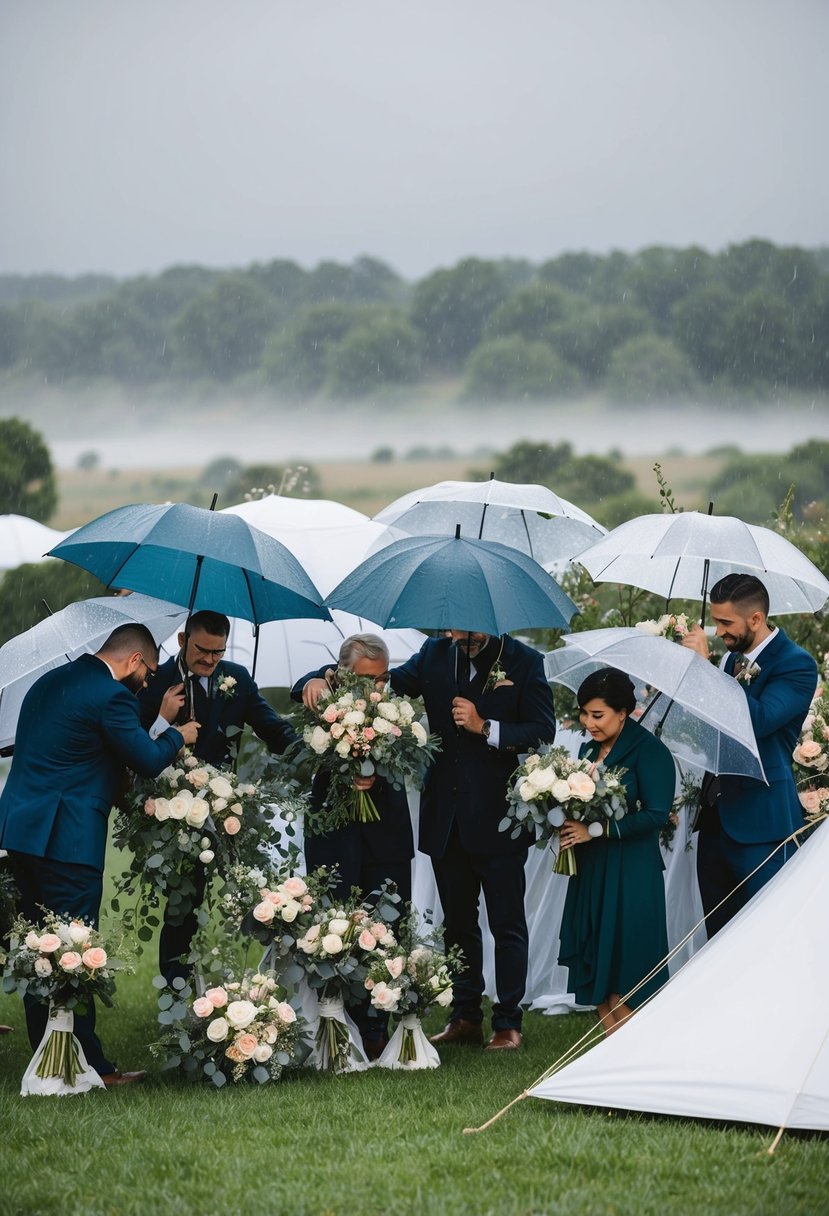 Vendors huddle under umbrellas, adjusting floral arrangements and draping tents for a rainy wedding. A misty landscape surrounds them