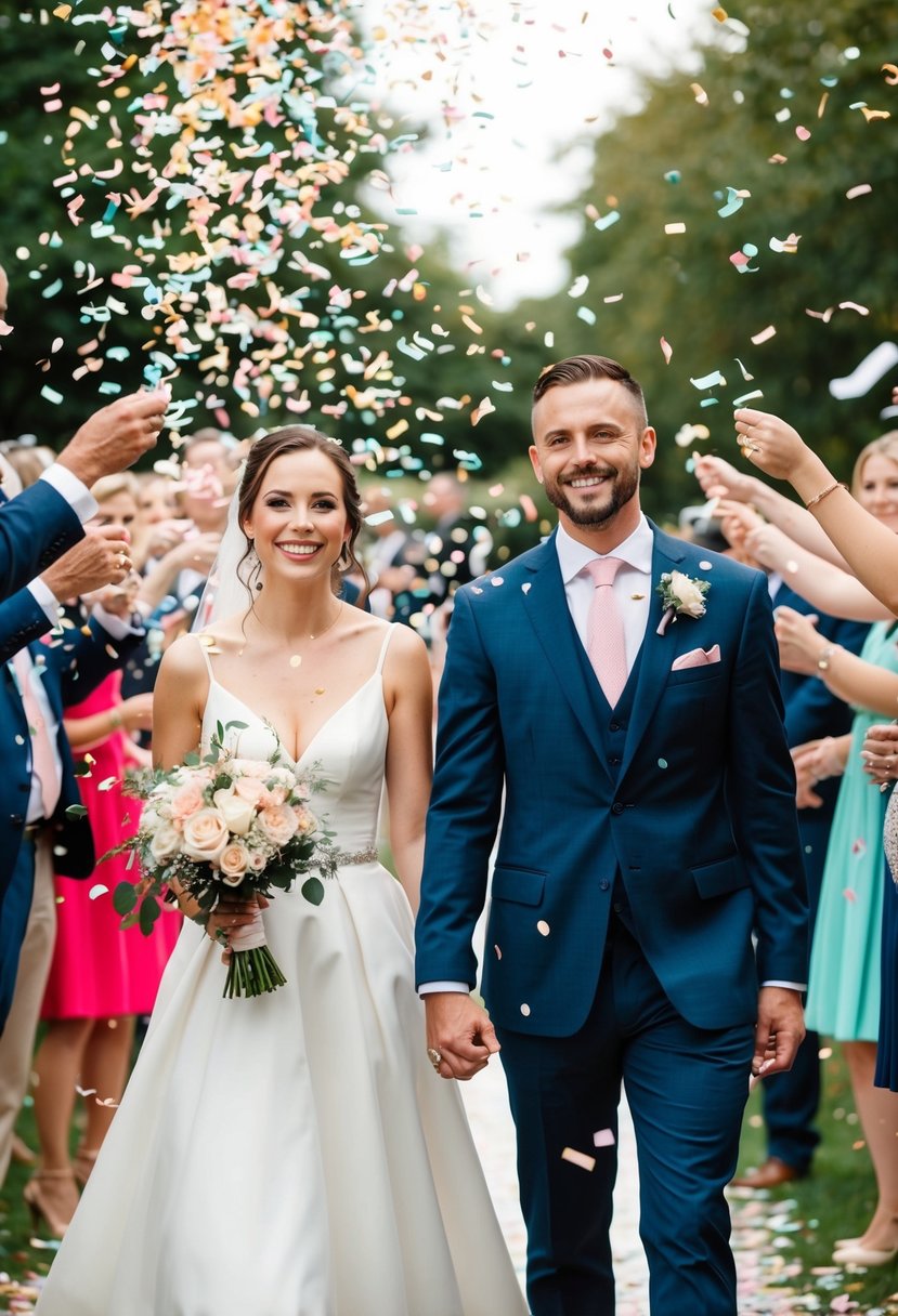 A couple walks through a shower of confetti, smiling and holding hands