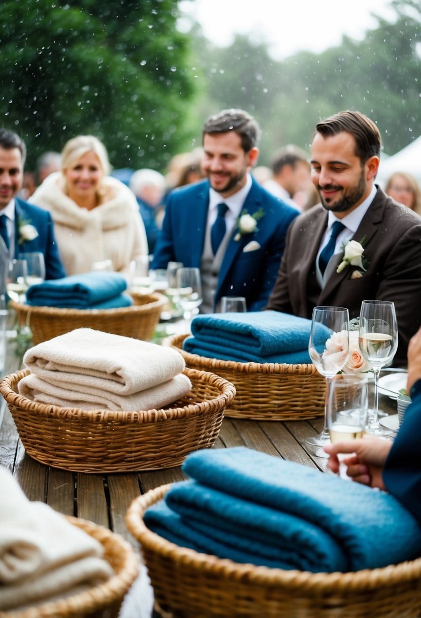 Guests receive cozy blankets at a rainy outdoor wedding. Tables are adorned with baskets of folded blankets, adding warmth and comfort to the celebration