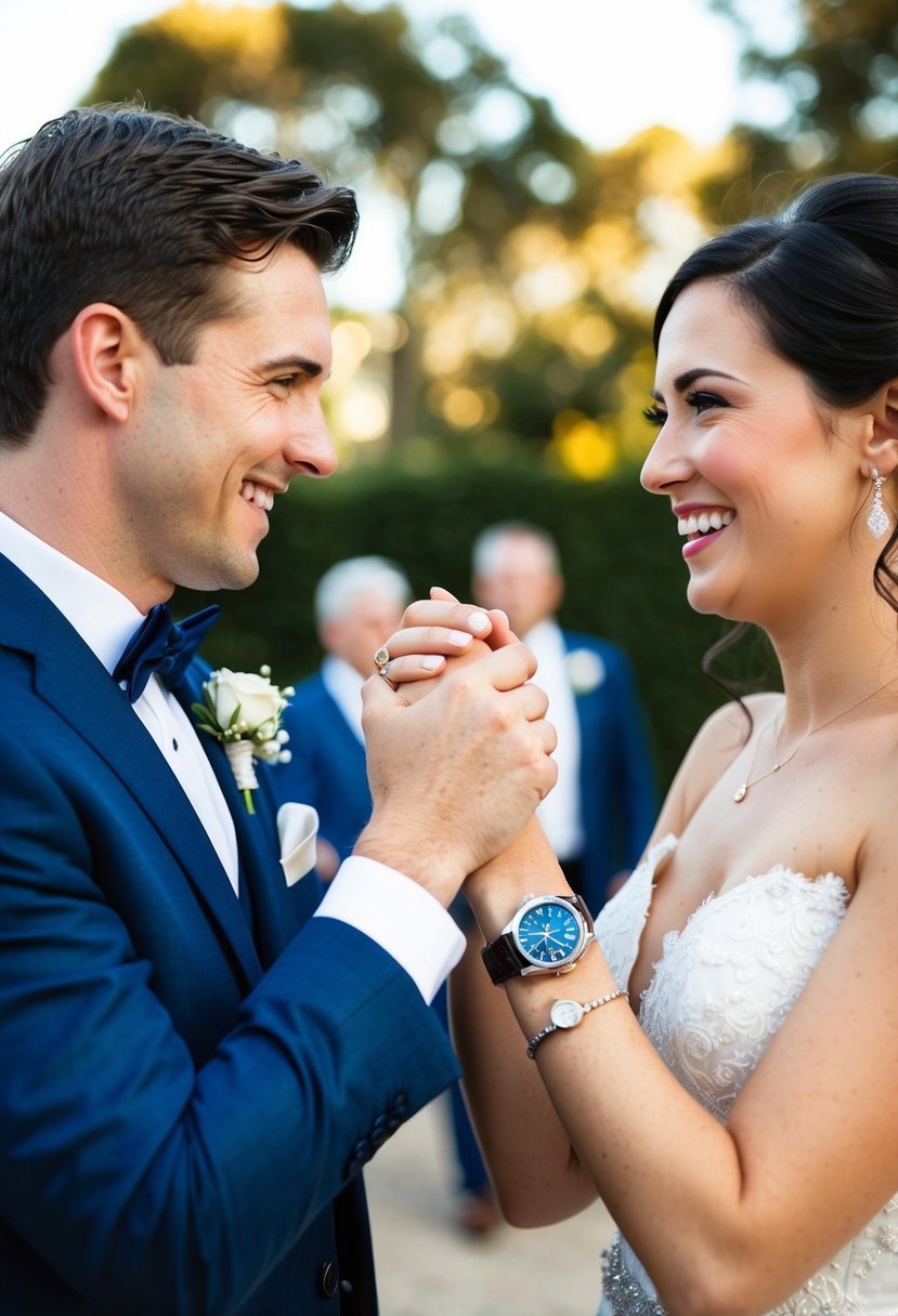 A bride and groom exchange watches, smiling