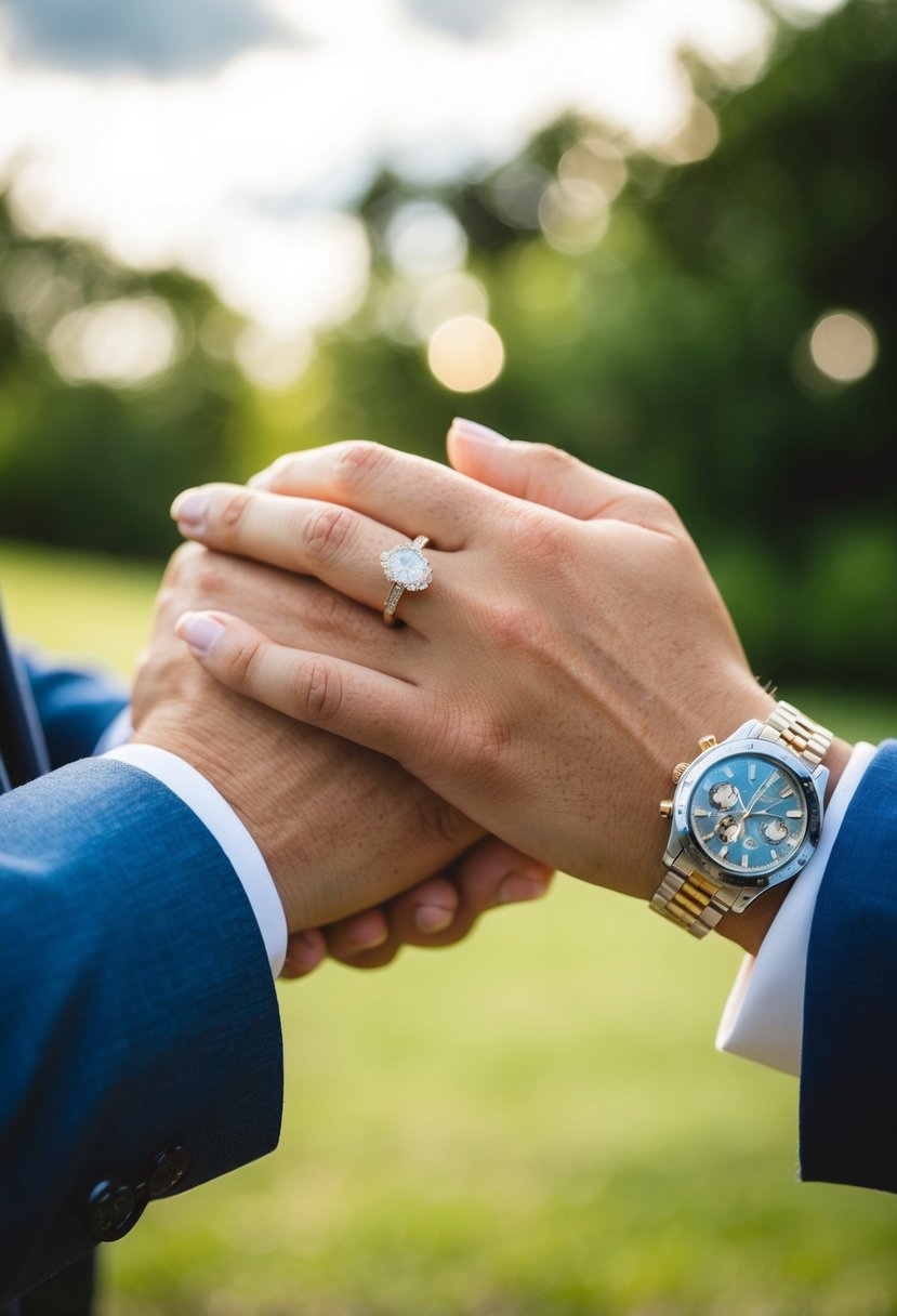 A bride and groom's hands clasped together, with a wedding ring on the bride's finger and a watch on the groom's wrist