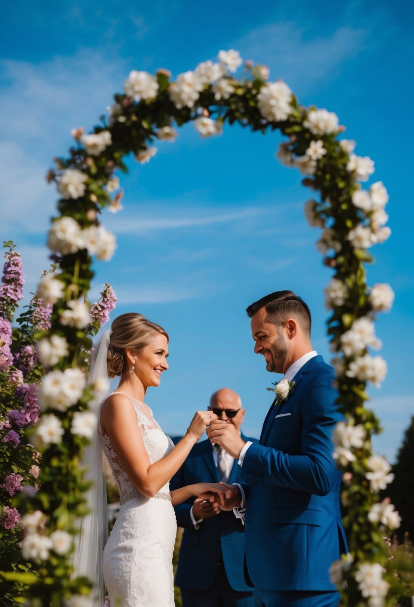 A bride and groom exchange rings, framed by a blooming garden and a bright blue sky