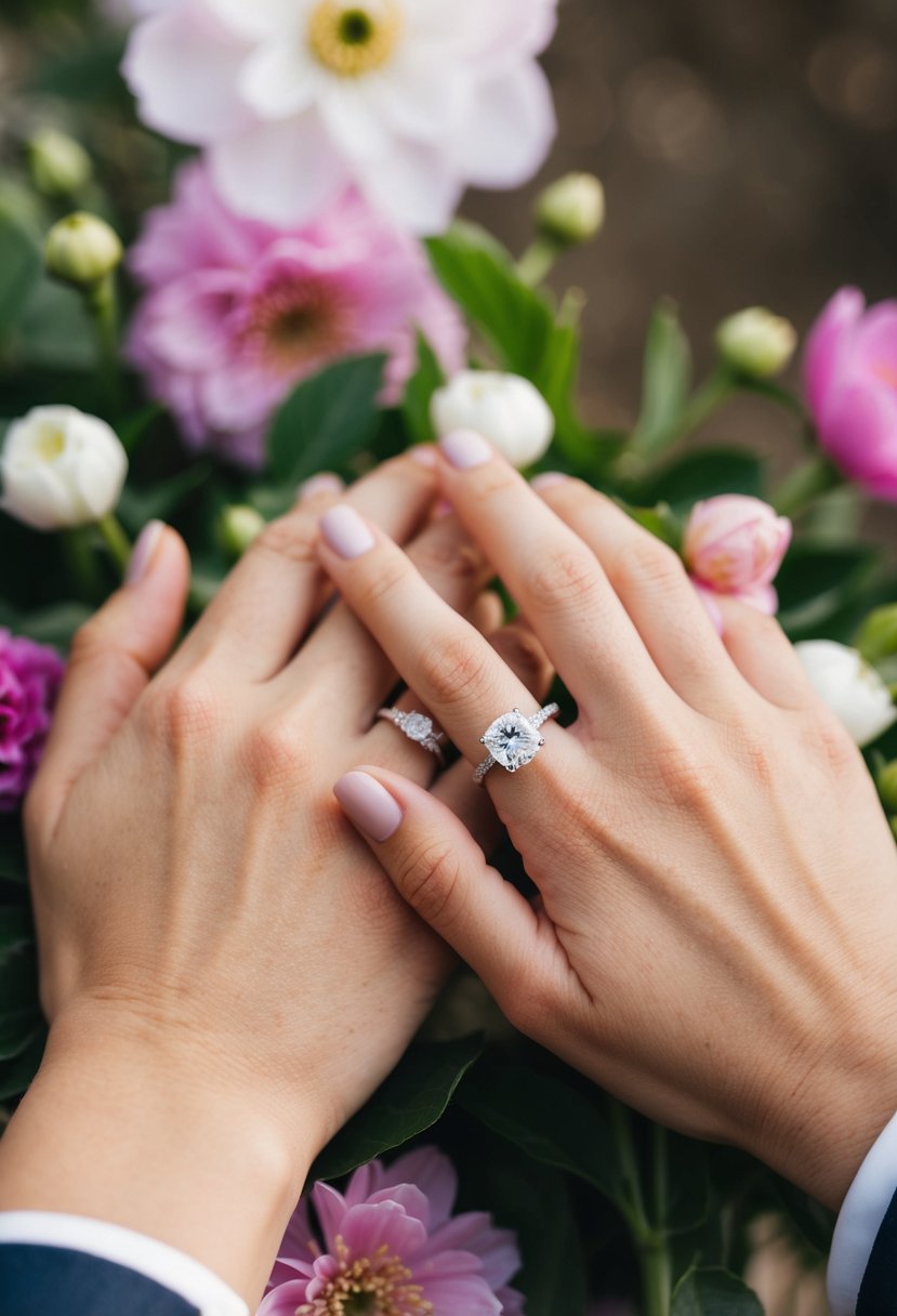 A couple's hands clasped together, surrounded by blooming flowers and a sparkling engagement ring