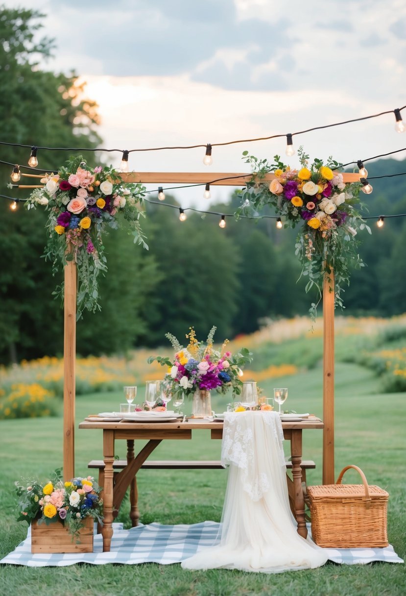 A whimsical outdoor wedding with a vintage-inspired picnic, string lights, and colorful floral arrangements